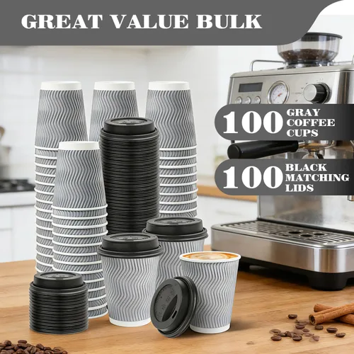 Miniatura 6 de Ginkgo Paquete de 100 tazas de café aisladas desechables de 8 onzas con tapas, vasos de viaje de papel ondulados de doble pared para bebidas