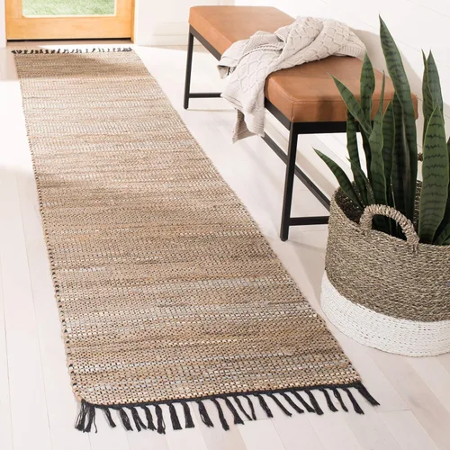SAFAVIEH Vintage Leather Collection - Alfombra decorativa de 2' x 3', color beige, hecha a mano, con flecos boho de cuero y yute, ideal para áreas