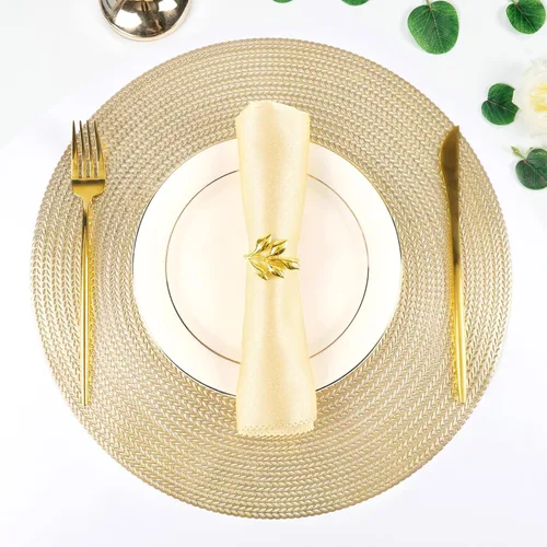 Miniatura 11 de Manteles individuales redondos dorados para mesa de comedor, juego de 6 manteles individuales metálicos con líneas huecas circulares de vinilo