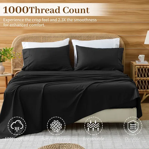 Miniatura 2 de Bedlifes Sábanas de algodón egipcio de 1000 hilos, tamaño Queen, 4 piezas con bolsillo profundo de 16 pulgadas, ropa de cama ultrasuave refrescante