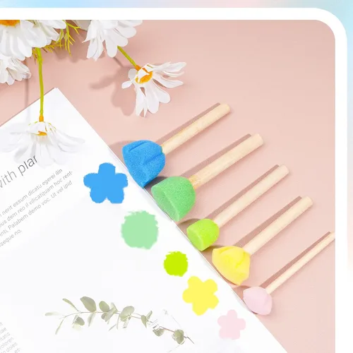 Miniatura 2 de 15 piezas de sellos de esponja para niños con mango de madera, mini lindas formas redondas y de flores para pintar, bricolaje, manualidades, álbumes
