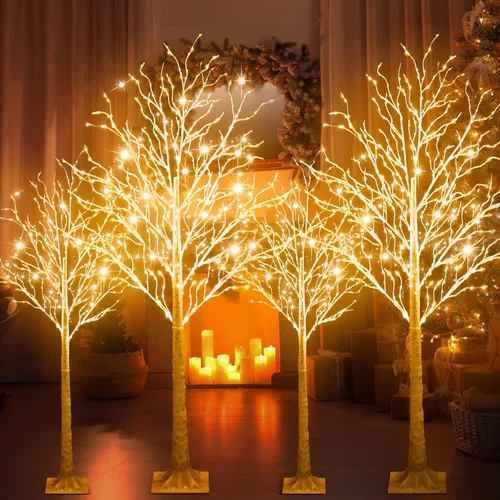 Miniatura 7 de Aurelema 6 piezas de árbol de abedul iluminado de 4 pies, 5 pies y 6 pies, 8 modos de Navidad, luces LED artificiales de color blanco cálido, árbol