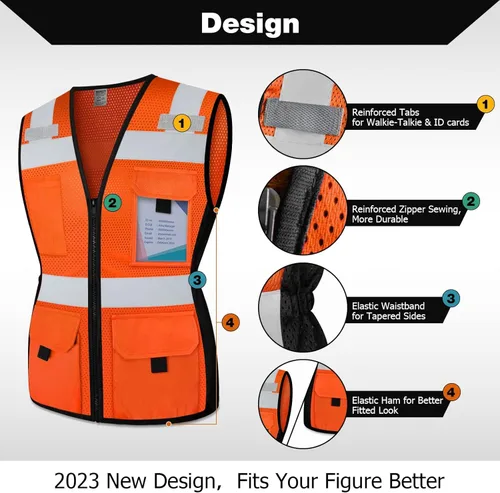 Miniatura 3 de TCCFCCT Chaleco de seguridad para mujer, 11 bolsillos, chaleco reflectante de malla con cremallera, chaleco de trabajo de construcción de neón