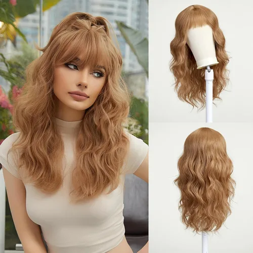 Miniatura 16 de Esmee Pelucas largas onduladas de color rubio ceniza para mujer con flecos, peluca de cabello sintético natural para uso diario y de fiesta