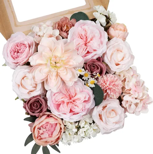 AmyHomie Combo de flores artificiales rosadas, mezcla de seda, peonía, rosa, hortensia, margarita, flores falsas con tallo para ramos de boda DIY,