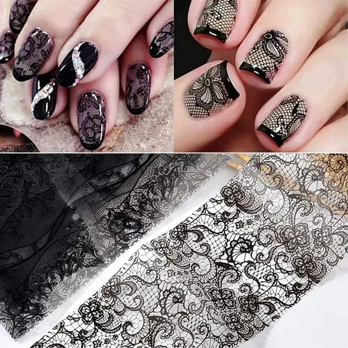 Miniatura 3 de 10 rollos de calcomanías holográficas retro de transferencia de láminas láser de encaje negro, suministros de arte de uñas, diseños de papel