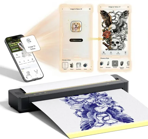 TATTMUSE Kit de impresora de plantillas de tatuaje para principiantes, impresora térmica portátil de tatuajes para artistas, impresora de plantillas