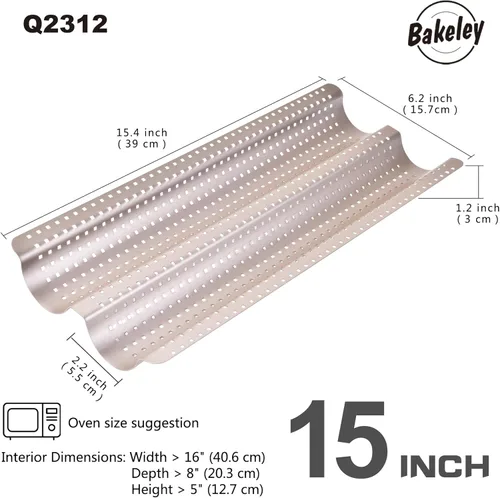 Miniatura 2 de Pan de baguette francés, bandeja perforada para hornear baguette de 2 panes, 14.75 x 9.45 pulgadas, sartén antiadherente ultraventilada para hornear