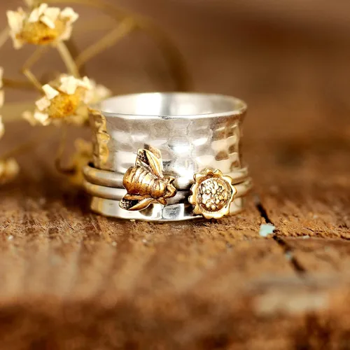 Miniatura 3 de Anillo giratorio de girasol y abeja para mujer, plata de ley 925, Boho-Magic