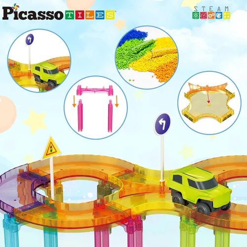 Miniatura 5 de PicassoTiles Carrera de coches de pista magnética azulejos magnéticos juguete de viaje sensorial azulejos juguetes para niños pequeños STEM