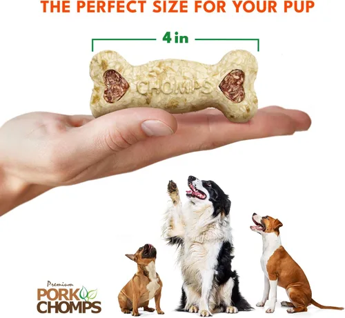 Miniatura 4 de Pork Chomps Masticables para perros, huesos crujientes de 4 pulgadas, sabor a tocino y pollo, 12