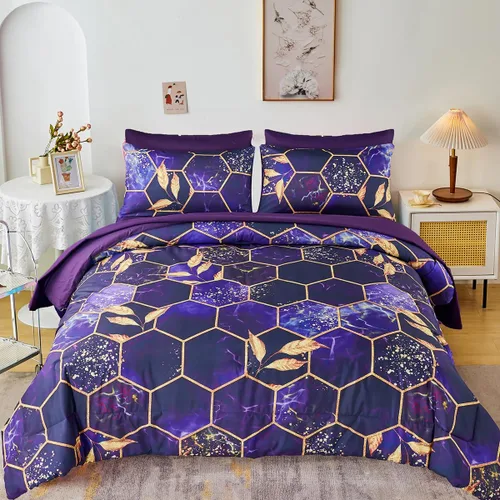 Miniatura 17 de ZRNBAST - Juego de edredón de nido de abeja negro de tamaño completo de 7 piezas, ropa de cama hexagonal suave y ligera, de mármol para todas