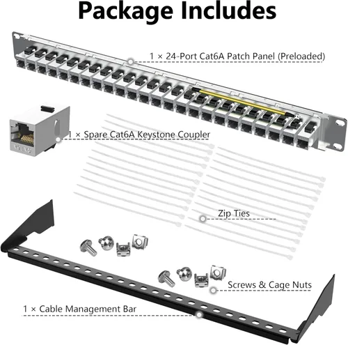 Miniatura 8 de Jadaol [Listado UL] Panel de Conexiones Cat6A Blindado de 24 Puertos, Panel RJ45 de Paso de 19" 1U para Montaje en Rack/Montaje en Pared con 24