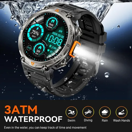 Miniatura 3 de Foxhawk Reloj inteligente militar para hombre, 1.45 pulgadas, resistente GPS, reloj inteligente táctico con brújula linterna LED, reloj de fitness