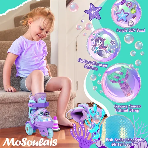 Miniatura 2 de Patines de Sirena para Niñas, MoSoulais 4 Tamaños Ajustables con Ruedas Iluminadas para Niños Pequeños, Patines para Mujeres Principiantes