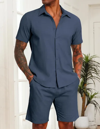 Miniatura 26 de COOFANDY Conjunto de 2 piezas de algodón y lino para hombre, camisas de manga corta con botones, pantalones cortos de playa de verano, trajes