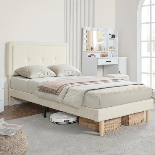 Base de cama de nube de tamaño individual con cabecera tapizada ajustable, cama matrimonial suave y moderna con tela de bucle, cama estética de