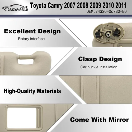 Miniatura 3 de Visera solar del lado izquierdo del conductor sin luz compatible con Toyota Camry 2007 2008 2009 2010 2011 Número de repuesto 74320-06780-E0