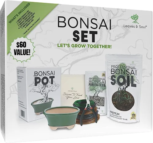 Miniatura 8 de Leaves and Soul Kit de bonsái - Juego de macetas de cerámica azul con mezcla de tierra, alambre de entrenamiento de 160 pies, cortador, fertilizante