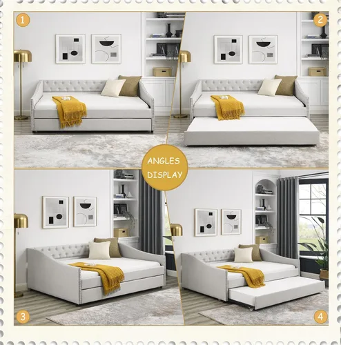 Miniatura 7 de Sofá cama matrimonial con nido, marco de cama moderno de madera con botón copetudo y cabeza de clavos, sofá cama tapizado con nido extraíble