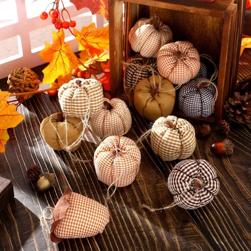 Miniatura 6 de Hiboom 12 adornos de calabaza de fieltro de otoño para decoración 3D de Acción de Gracias, 6 estilos, tela a cuadros, bellota, adorno colgante