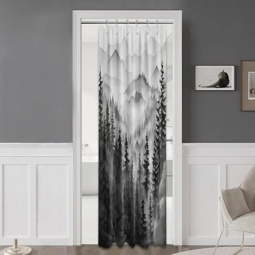 Cortina de ducha de montaña con diseño de bosque blanco y negro, cortinas de ducha para hombre, color gris carbón, rústico, bosque, pino, juego de