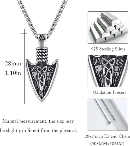 Miniatura 6 de CUOKA MIRACLE Collar vikingo de punta de flecha de plata de ley 25 para hombre, collar vikingo de punta de lanza con nudo celta y flecha