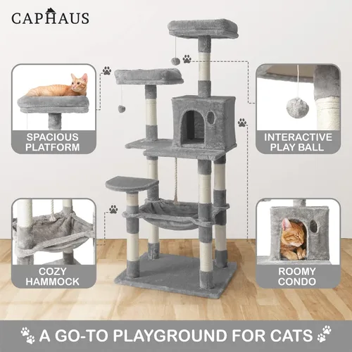 Miniatura 3 de CAPHAUS Árbol de Actividad para Gatos Extra Ancho y Alto con Dos Perchas Superiores, Postes Rascadores, Torre de Juego Multinivel para Lindos Gatos