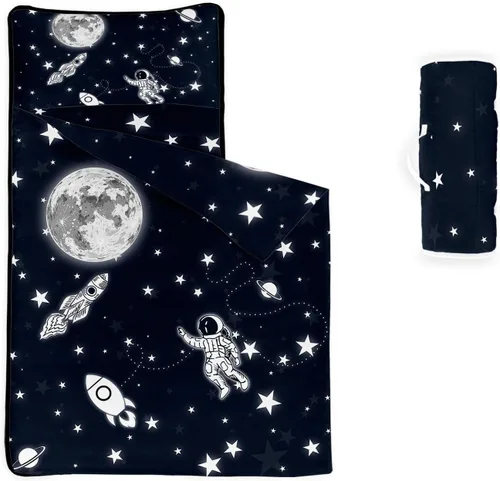 Miniatura 17 de Tapete para siesta espacial – Saco de dormir de galaxia espacial con almohada extraíble – Juego de ropa de cama para guardería y fiestas de pijamas