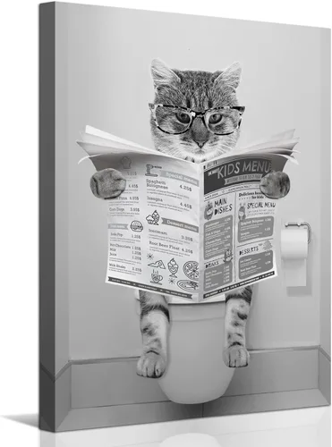 Divertido lienzo de pared de gato en blanco y negro, decoración moderna de pared de baño, gato sentado en el inodoro, lectura de periódicos, pintura