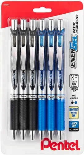 Pentel Energel Rtx - Bolígrafo retráctil de punta de aguja de 0.012 in, 3 negros y 3 azules, paquete de 6