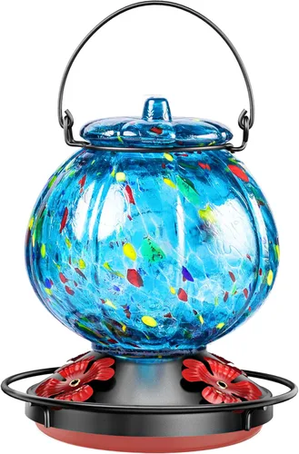 Comedero para colibríes para exteriores – Comedero para pájaros de vidrio azul soplado a mano, a prueba de fugas, fácil de llenar y limpiar, 25