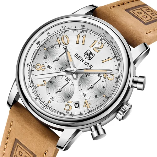 Miniatura 2 de BENYAR - Reloj de pulsera elegante para hombre, reloj de correa de cuero auténtico, movimiento de cuarzo perfecto, impermeable y resistente a