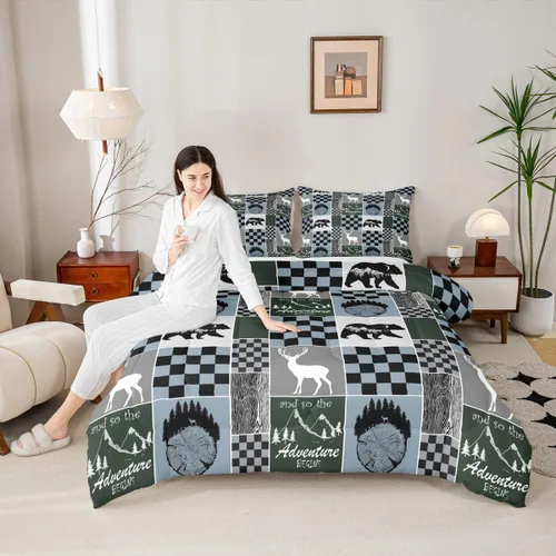 Miniatura 153 de Juego de edredón de oso y ciervo, tamaño individual, ropa de cama de animales salvajes de caza, colcha rústica de cabaña, casa de campo, cuadros