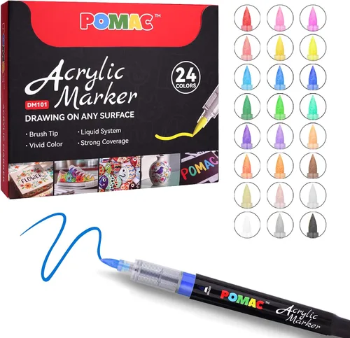 POMAC Marcadores de pintura acrílica líquida, 24 colores, marcadores de pintura impermeables, punta de pincel que no se corren para tela, lienzo,
