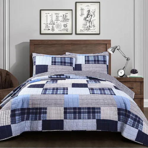 Lush Decor Greenville - Juego de edredón reversible de algodón tamaño Queen de 3 piezas, tamaño matrimonial/queen, azul marino, acogedor juego de