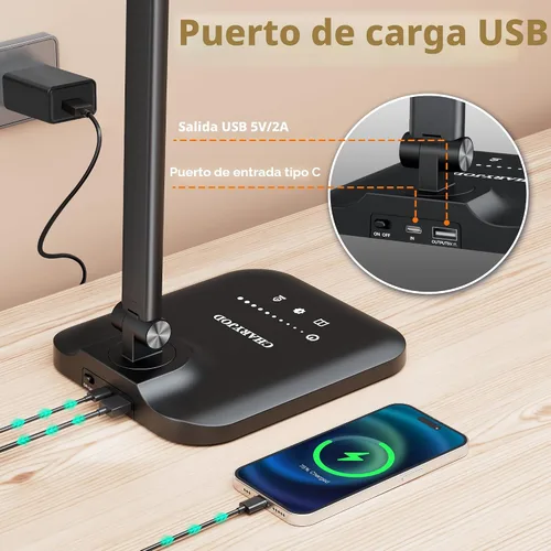 Miniatura 2 de CHARYJOD - Lámpara LED de escritorio para oficina en casa, luz de escritorio de arquitecto de altura ajustable con adaptador USB, lámpara de Negro