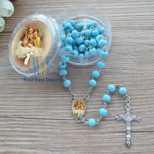 Miniatura 3 de WE Rosario azul perfumado para bautismo para bebé niño, 12 rosarios de madera con caja de regalo individual y bolsas/Recuerdos de mi Bautizo