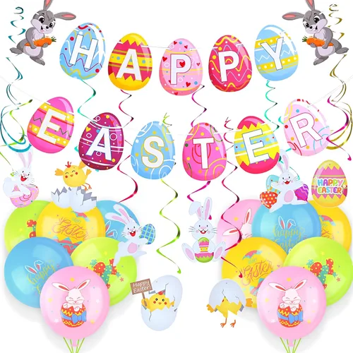 Miniatura 10 de AhfuLife Juego de decoraciones de Pascua, pancarta de papel de conejo de Pascua, pistas de búsqueda de huevos de Pascua con palos y patas de conejo
