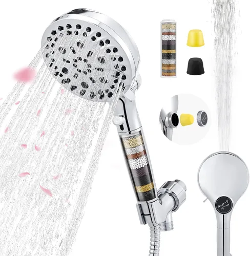 Cabezal de ducha filtrado con mango, cabezal de ducha de alta presión con 10 modos de rociado, perlas de filtro suavizante de agua para agua dura -
