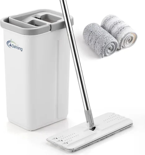Miniatura 8 de Oshang Trapeador plano y cubo plegable OG7 con ruedas, 2 almohadillas de microfibra lavables reutilizables, color blanco puro