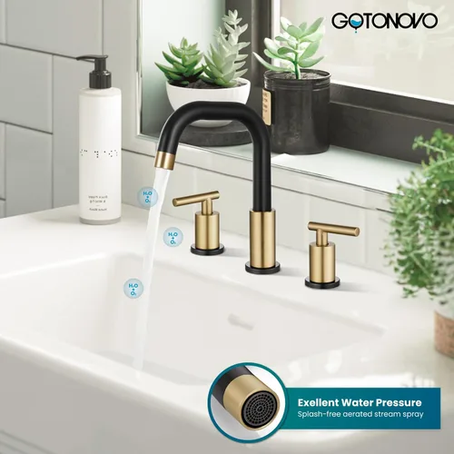 Miniatura 4 de gotonovo Grifo de lavabo de baño de 8 pulgadas, 3 agujeros, 2 asas, lavabo con drenaje desplegable con válvulas mezcladoras frías y calientes