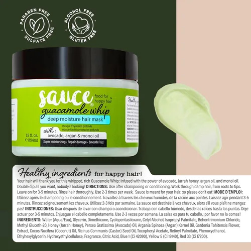 Miniatura 7 de SAUCE BEAUTY Guacamole Whip Hair Mask - Mascarilla capilar de acondicionamiento profundo para todo tipo de cabello con aguacate, miel y aceite