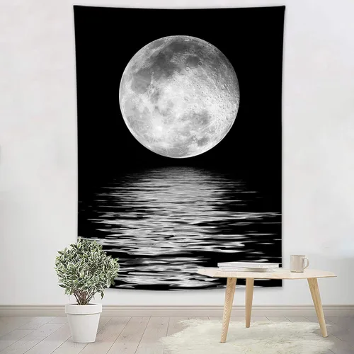 Miniatura 20 de LB Tapiz pequeño de luna llena sobre océano, tapiz de pared de cielo nocturno estrellado, fantasía 3D, arte de pared de luna grande en blanco