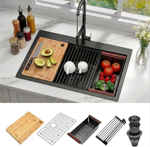Miniatura 18 de Fregadero de barra de montaje inferior negro, fregadero de cocina de acero inoxidable 304S de calibre 16 con repisa de estación de trabajo