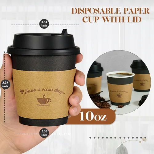 Miniatura 2 de LITOPAK Paquete de 100 tazas de papel para café de 10 oz, tazas desechables negras con tapas, mangas y palillos para remover para bebidas de 10 oz