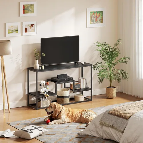 Miniatura 5 de YOUDENOVA Soporte de TV para televisores de hasta 55 pulgadas, mesa consola de TV con estantes de almacenamiento abiertos de 3 niveles, moderno Negro