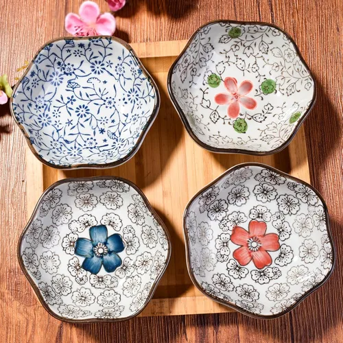 Miniatura 4 de Juego de 4 cuencos japoneses de cerámica en forma de flor, platos pequeños de 4 pulgadas para salsa de soja, condimentos, sushi, aperitivos
