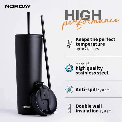 Miniatura 2 de NORDAY Vaso con tapa y popote – Bloom 30oz – Vaso aislado negro – Vaso de acero inoxidable – Taza de café de doble pared – Mantiene la temperatura