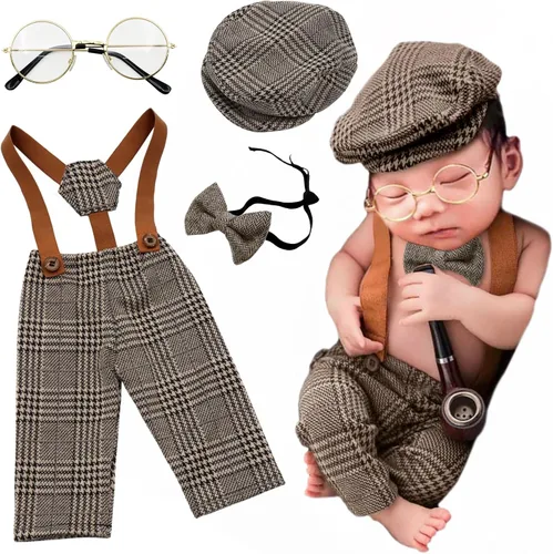 Miniatura 8 de 4 piezas de accesorios para fotos de bebé recién nacido, pantalones de celosía, pantalones con tirantes con boina, gafas de pajarita para disfraces